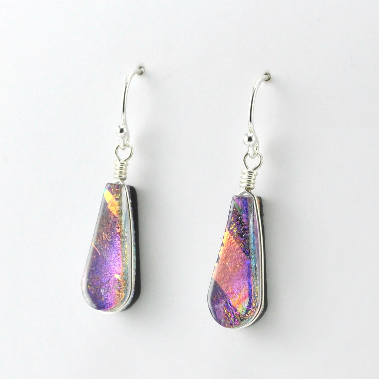 Side View Sterling Silver Dichroic Glass Rainbow Purple Tear Dangle Earrings