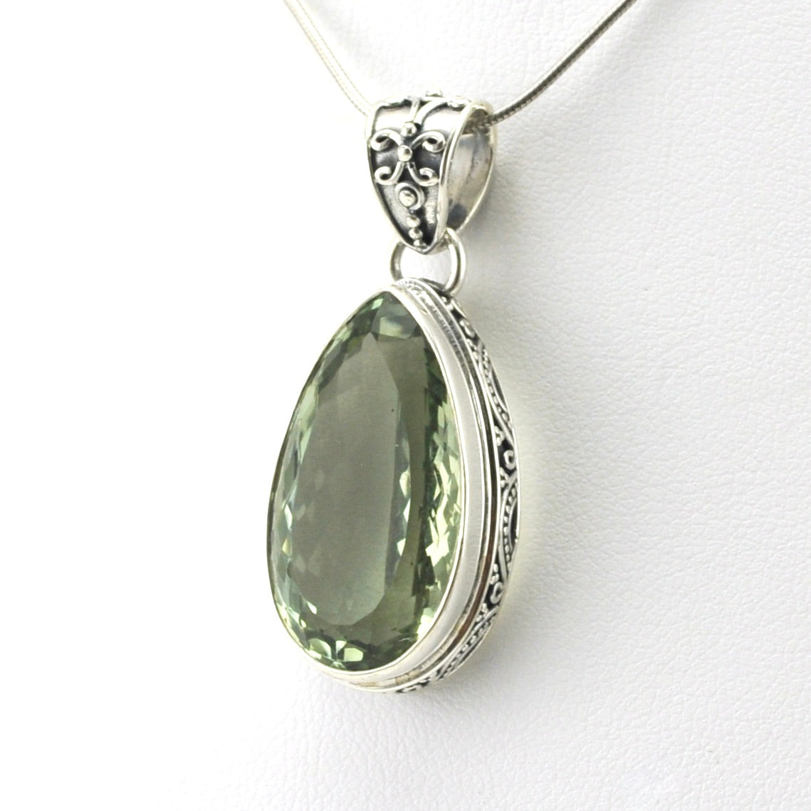 Sterling Silver Green Amethyst 14x24mm Tear Bali Pendant