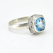 Side View Sterling Silver Blue Topaz 8mm Square Bali Ring