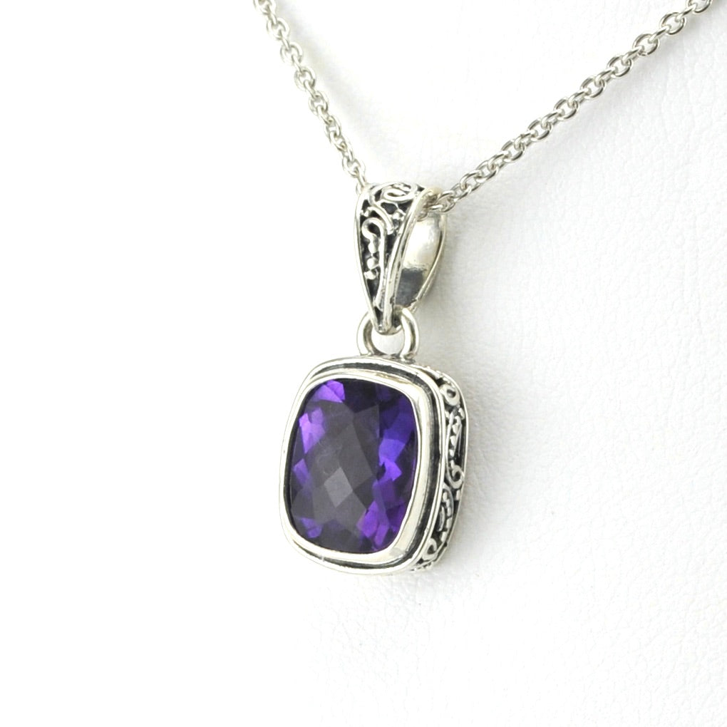 Side View Sterling Silver Amethyst 8x10mm Rectangle Bali Necklace