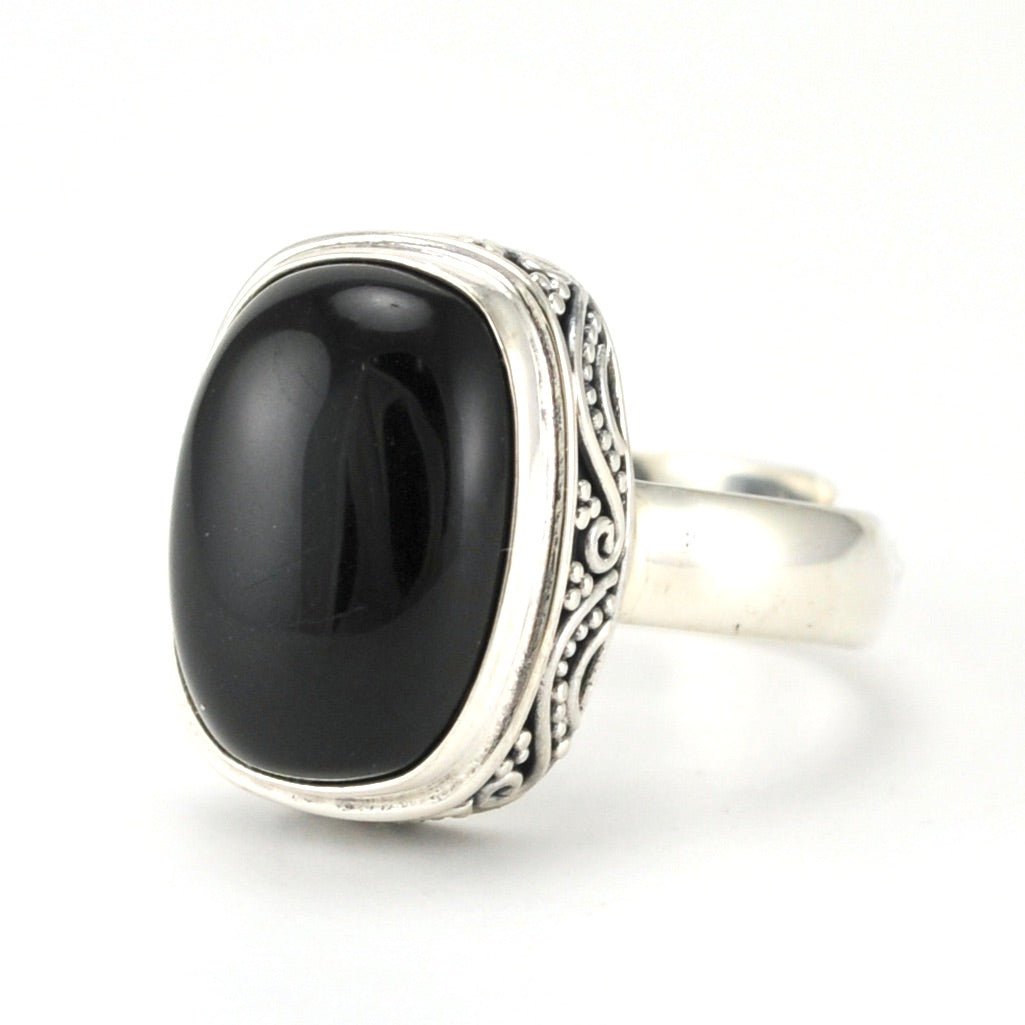 Sterling Silver Black Onyx Rectangle Bali Ring