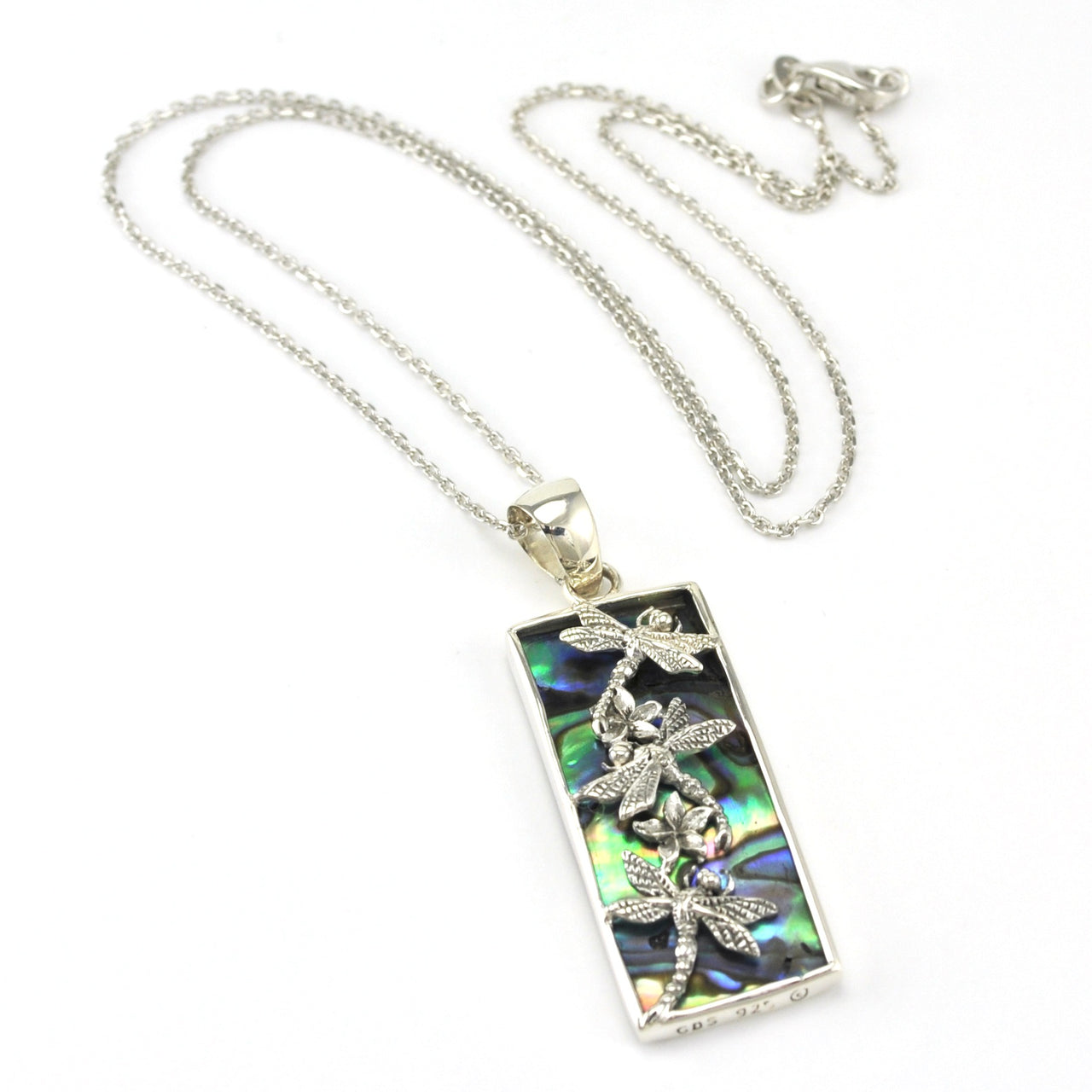 Sterling Silver Abalone 3 Dragonfly Rectangle Necklace