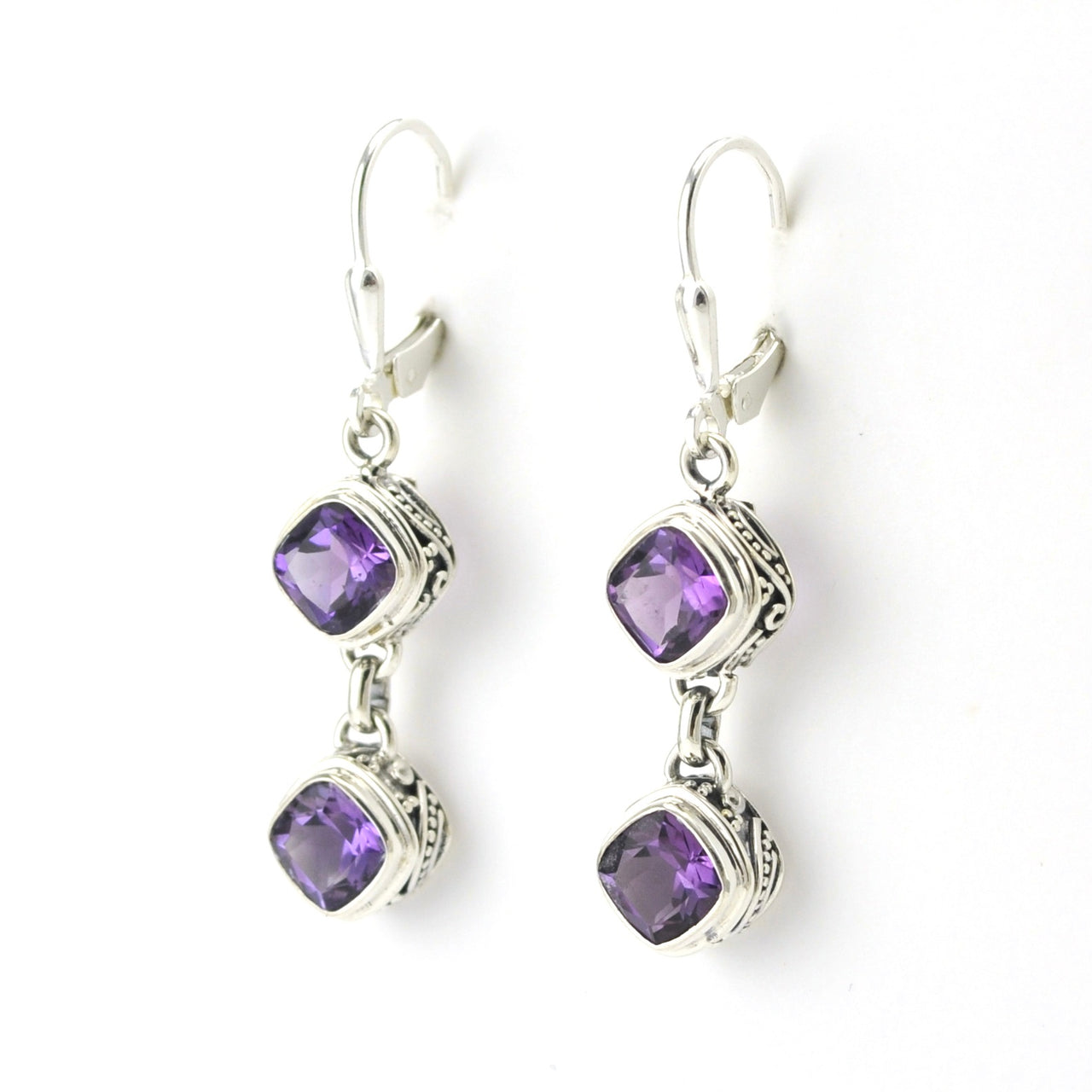 Sterling Silver Amethyst 2 Offset Square Bali Dangle Earrings