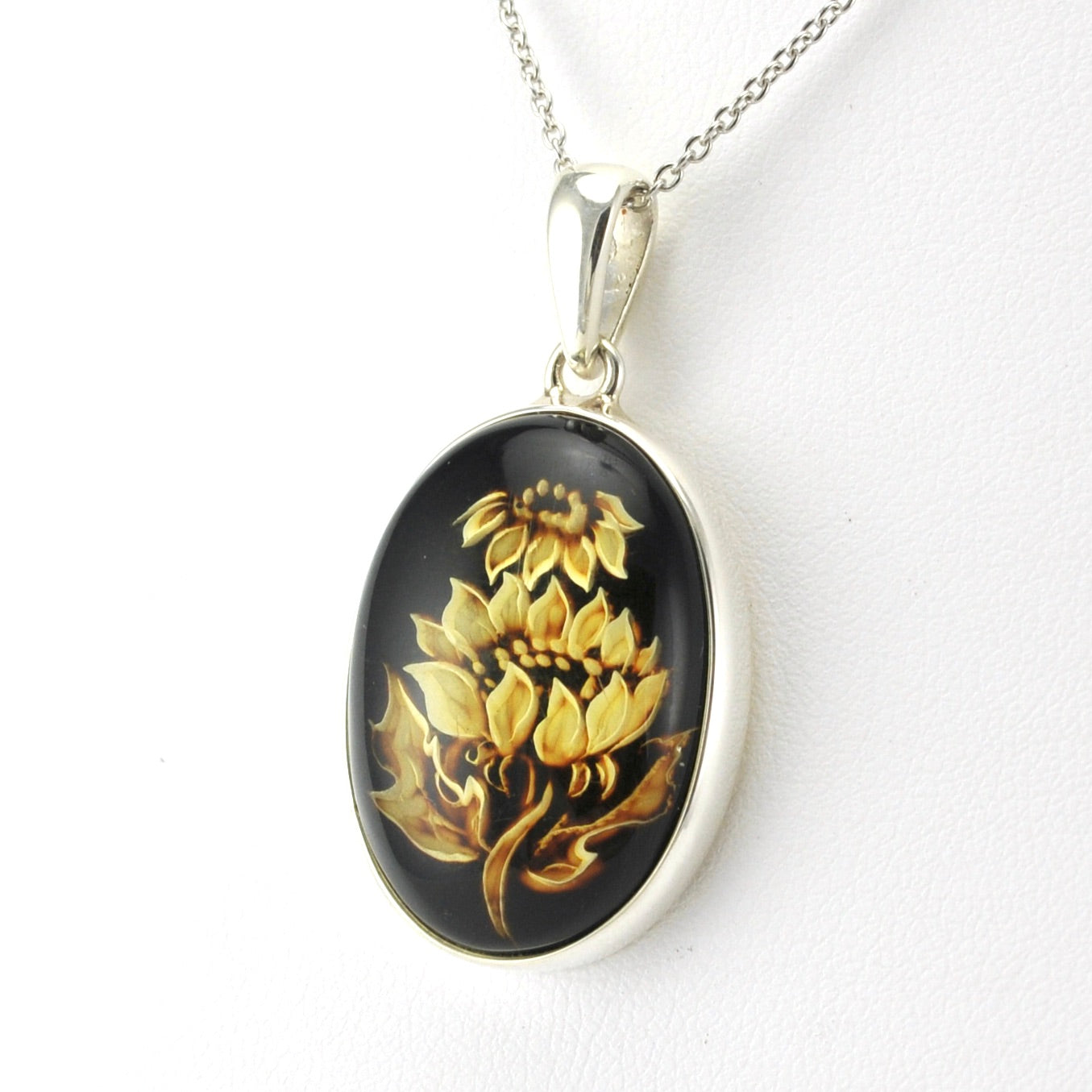Side View Sterling Silver Amber Intaglio Sunflower Necklace