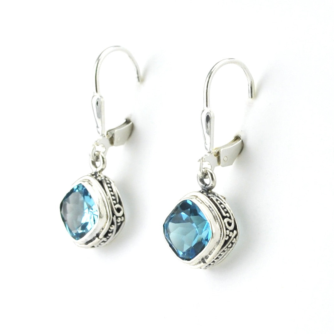Sterling Silver Blue Topaz 7mm Offset Square Bali Earrings