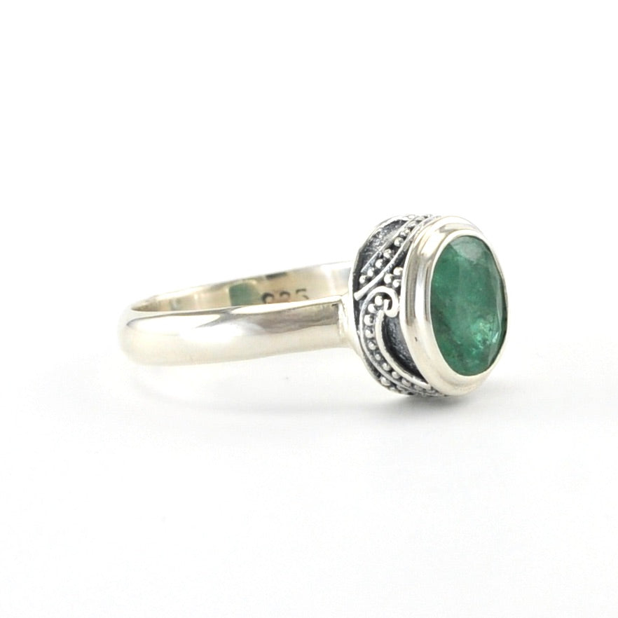 Side View Sterling Silver Emerald 5x7mm Oval Bali Ring