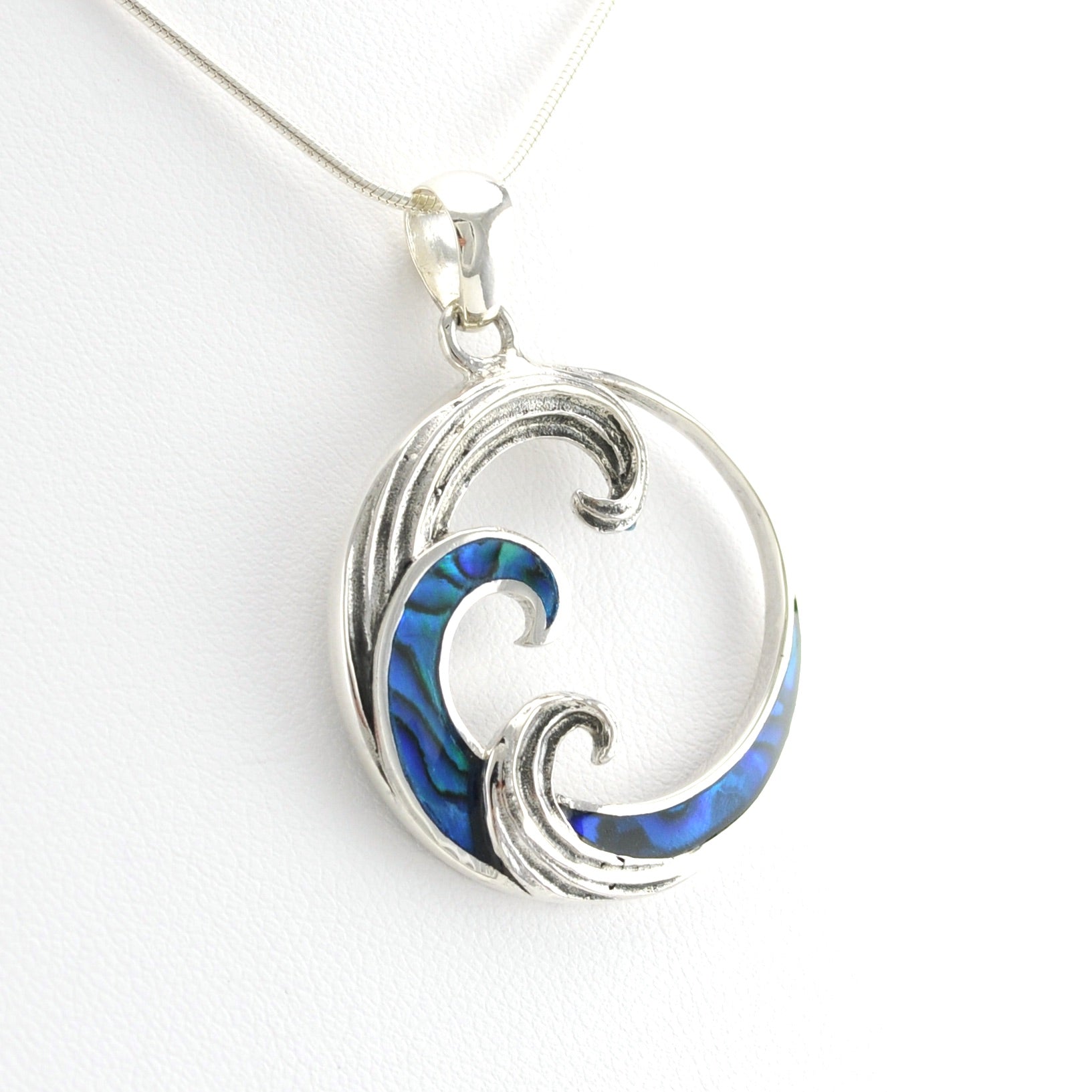 Side View Sterling Silver Blue Abalone Wave Pendant