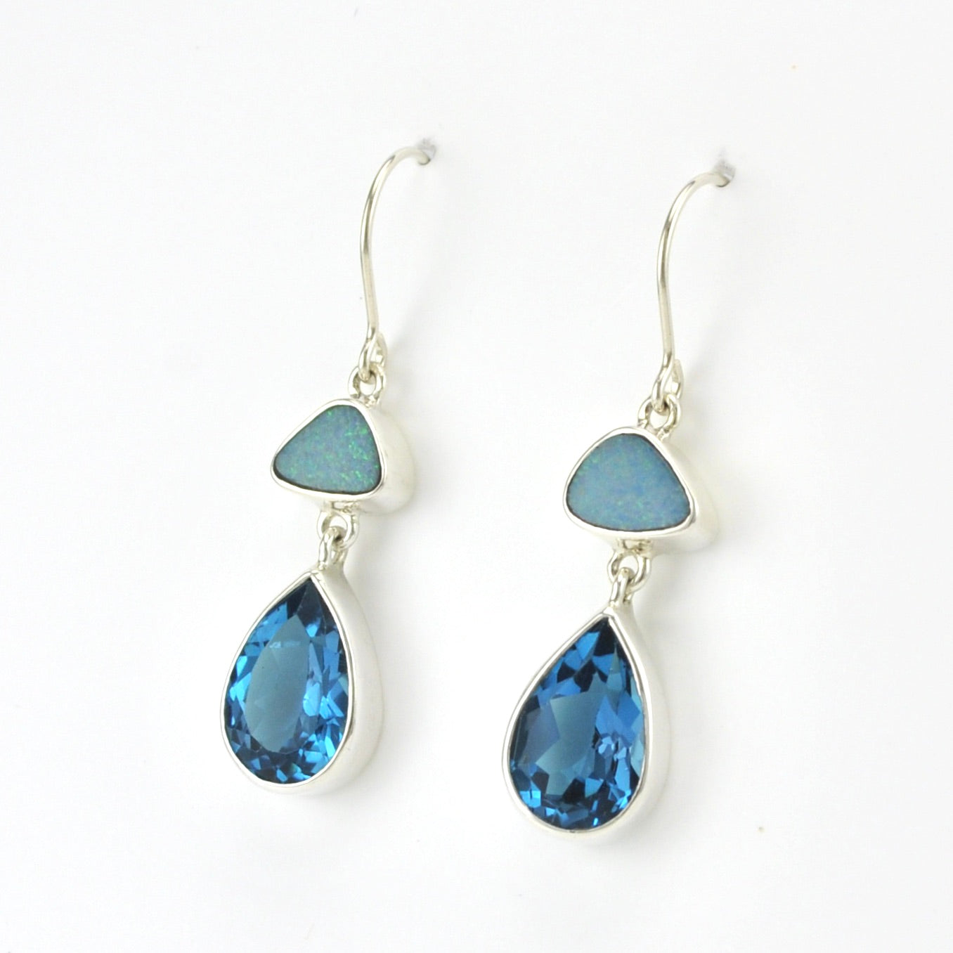 Side View Sterling Silver Australian Opal Blue Topaz Earrings