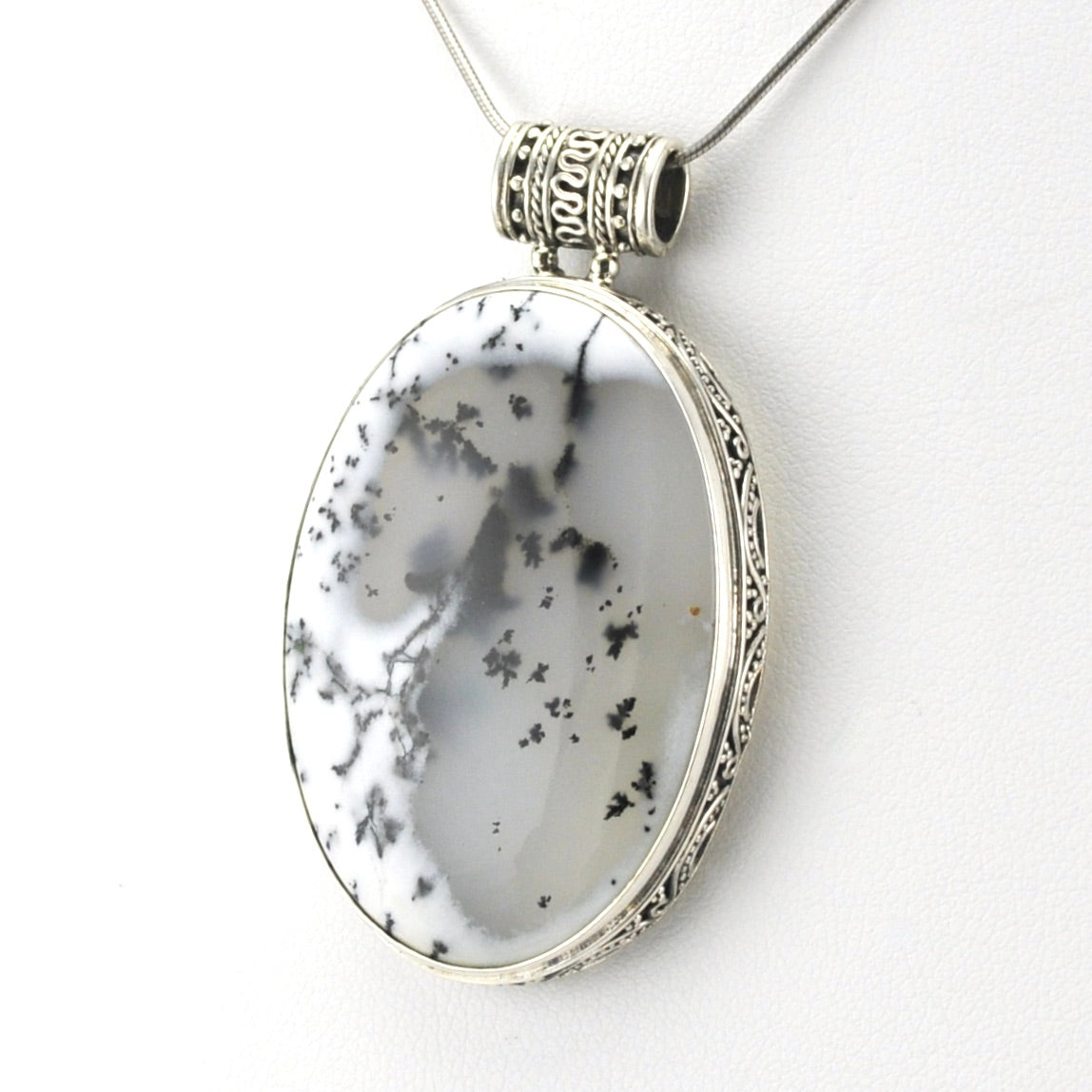 Sterling Silver Dendritic Agate 30x40mm Oval Bali Pendant