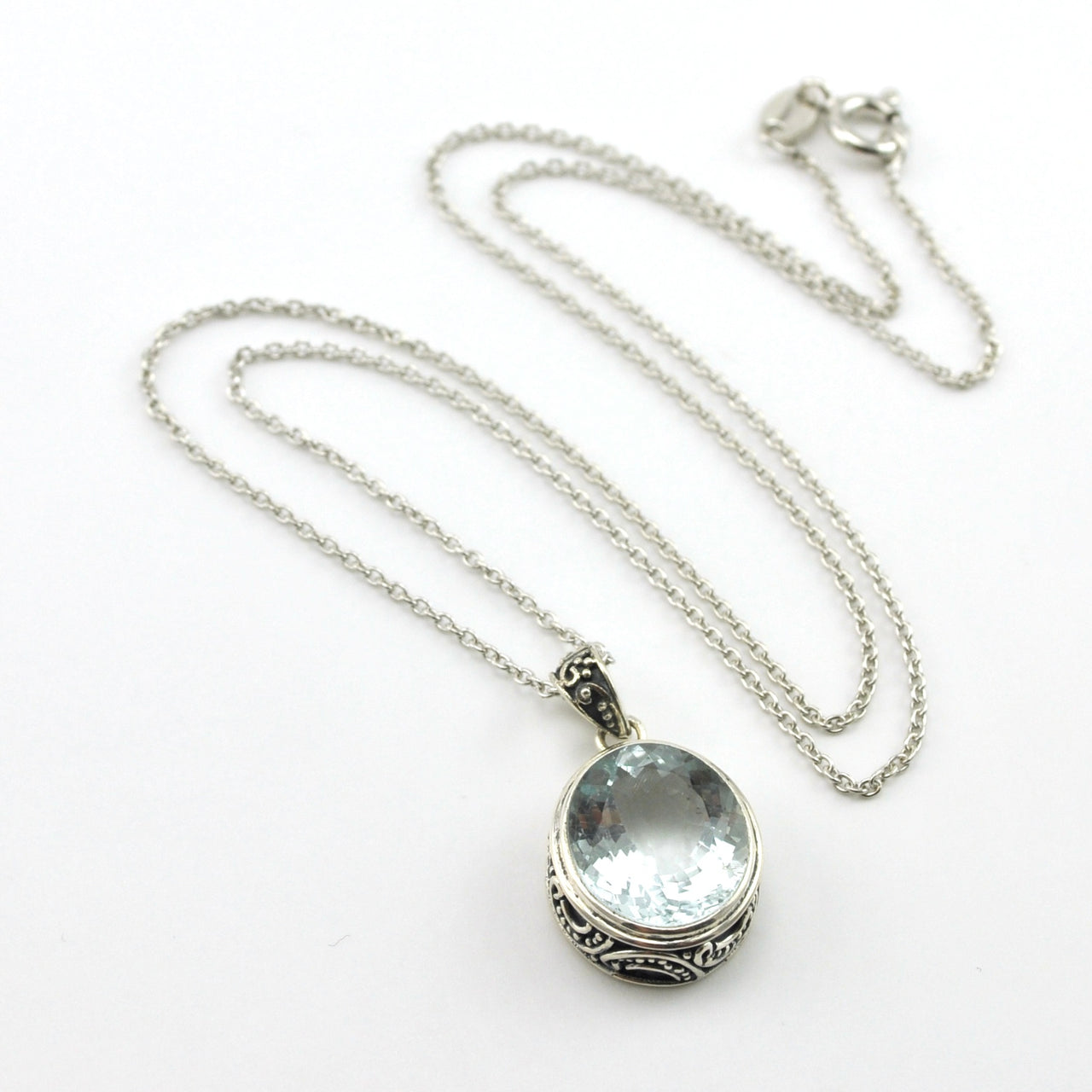 Sterling Silver Aquamarine 11x13mm Oval Bali Necklace