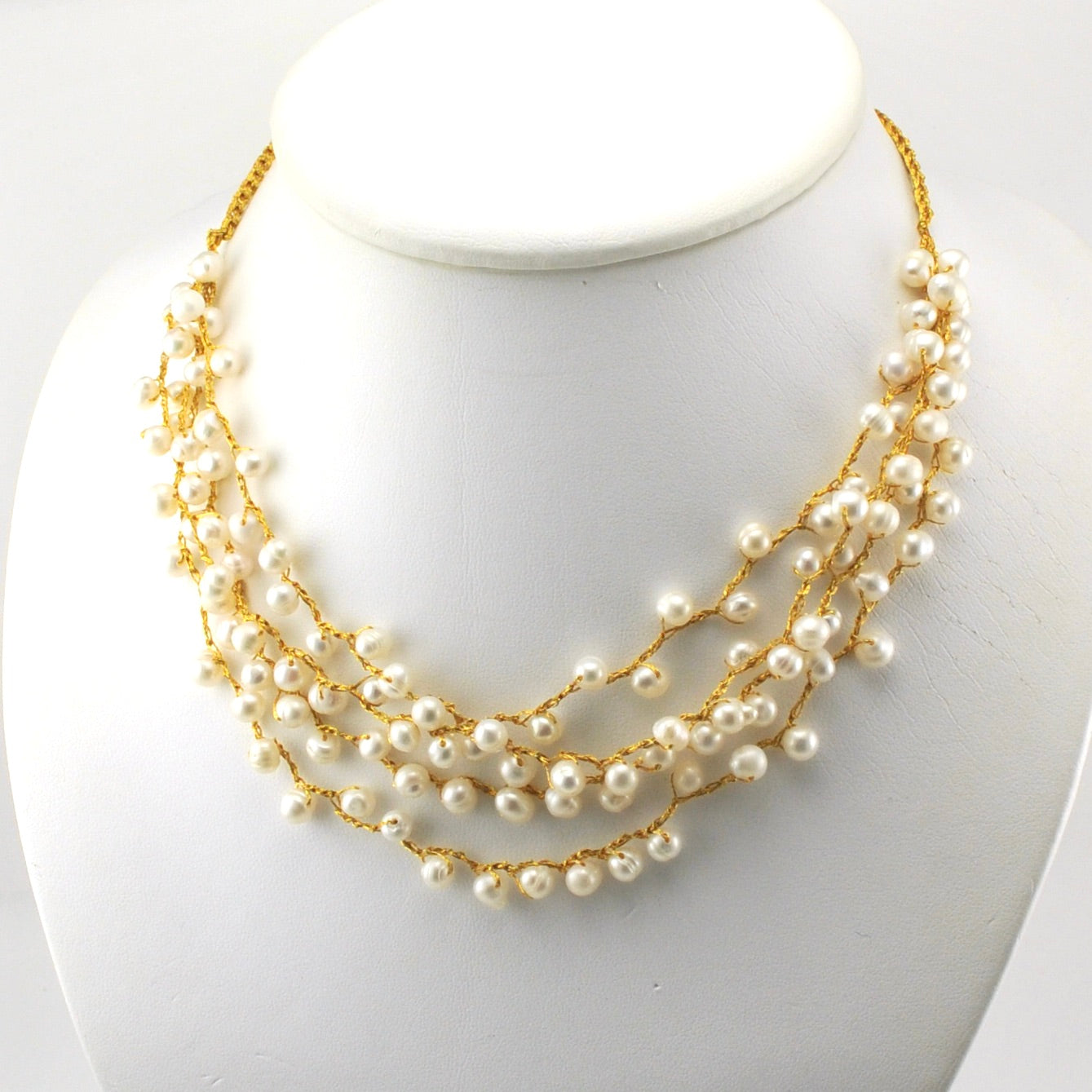 Alt View Gold Japanese Silk Cascading White Pearl Necklace