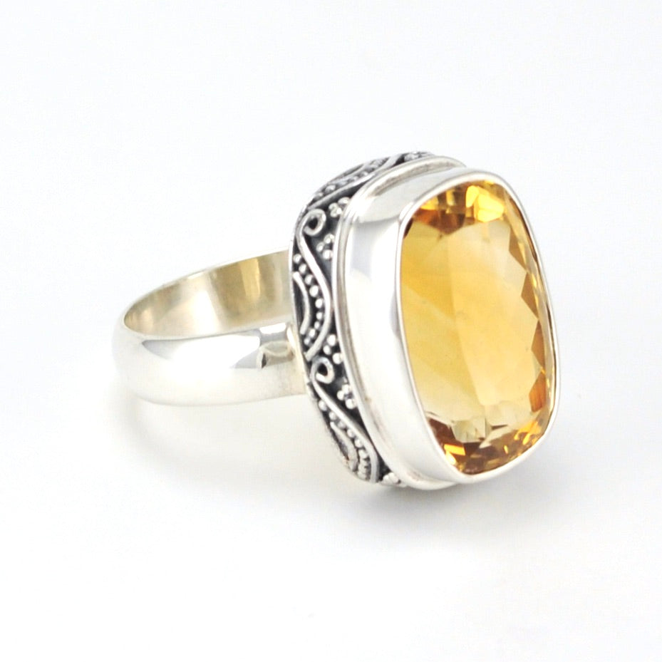 Side View Sterling Silver Citrine 10x15mm Rectangle Bali Ring