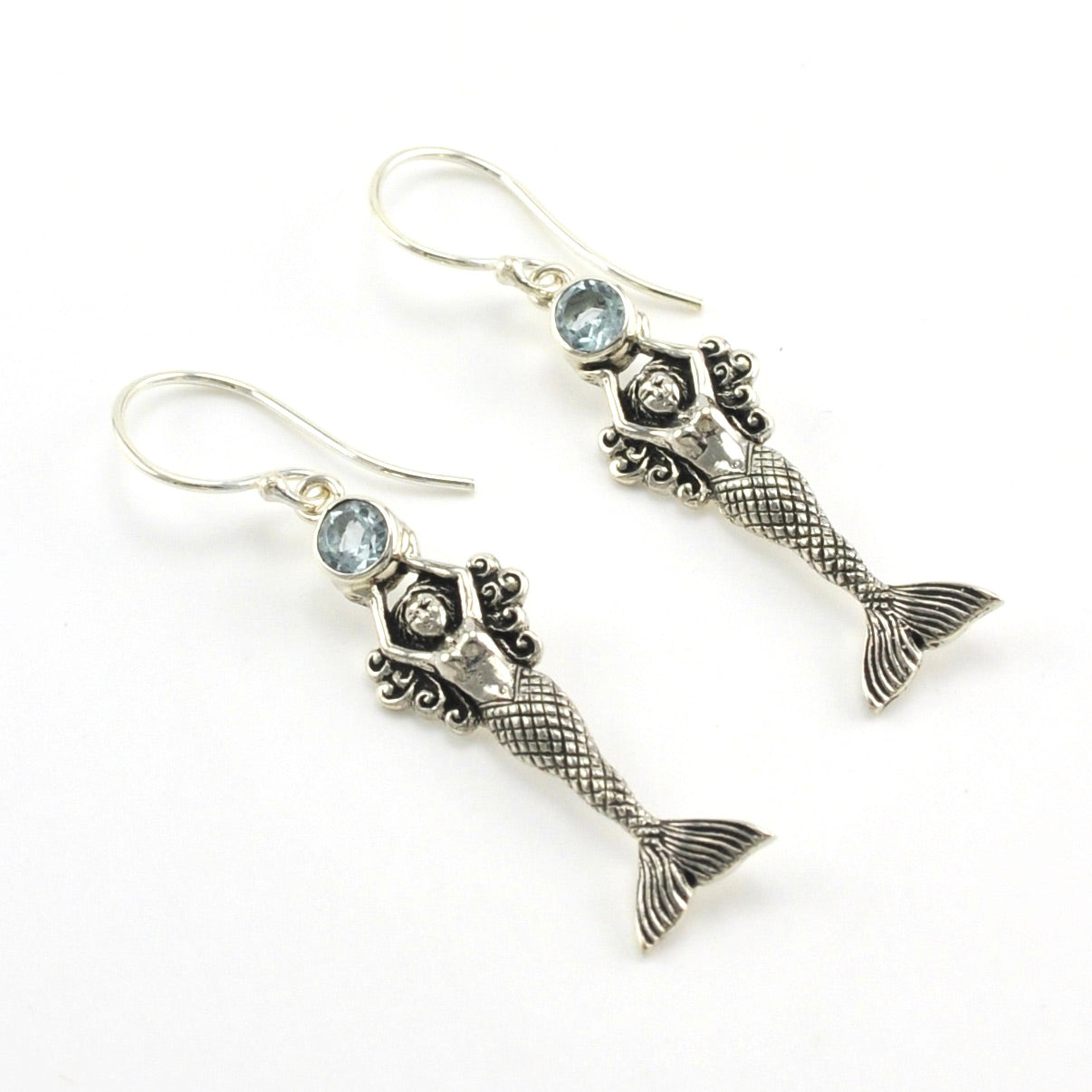 Sterling Silver Mermaid Blue Topaz Dangle Earrings