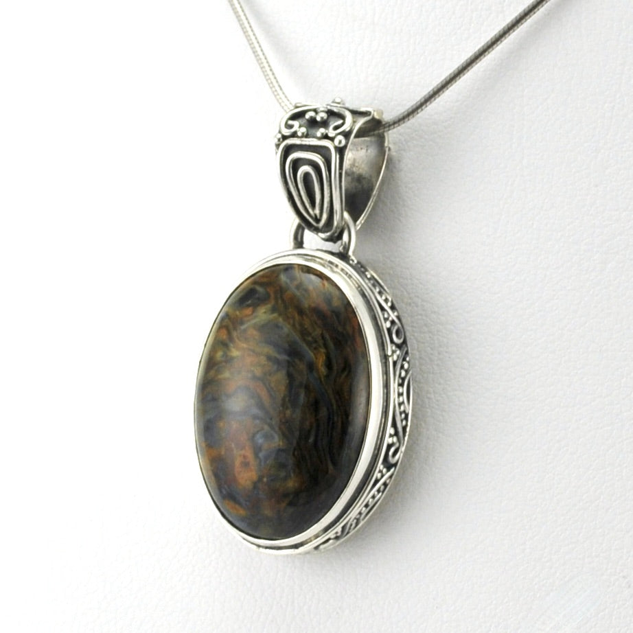 Sterling Silver Pietersite 16x22mm Oval Bali Pendant