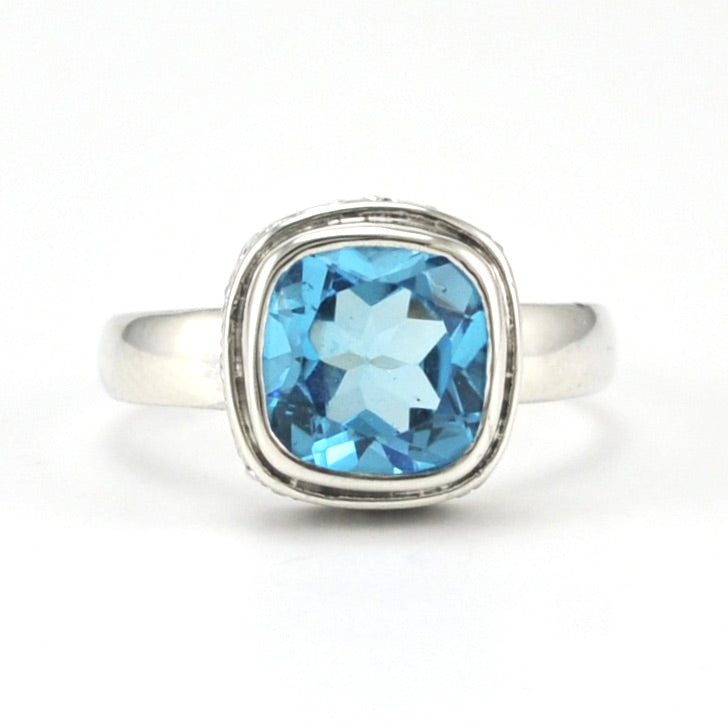 Alt View Sterling Silver Blue Topaz 8mm Square Bali Ring