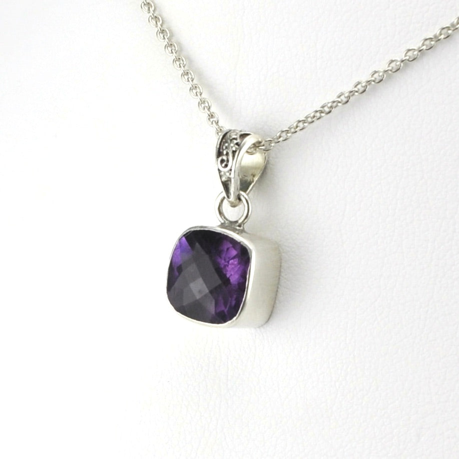 Side View Sterling Silver Amethyst 9mm Square Necklace
