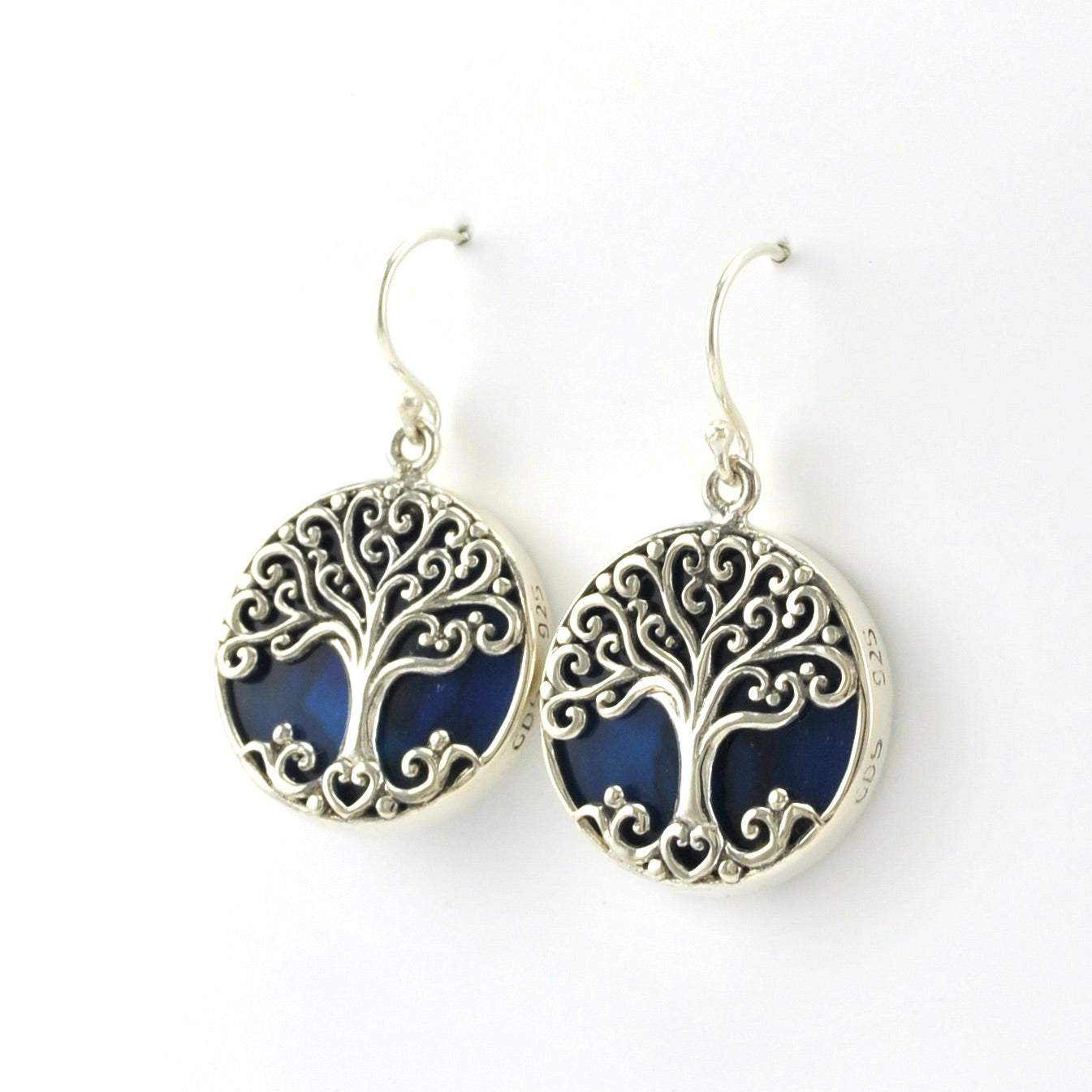 Side View Sterling Silver Blue Abalone Tree of Life Dangle Earrings