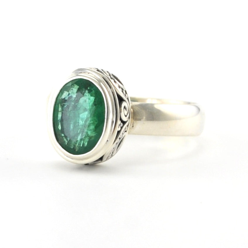 Sterling Silver Emerald 6x8mm Oval Bali Ring