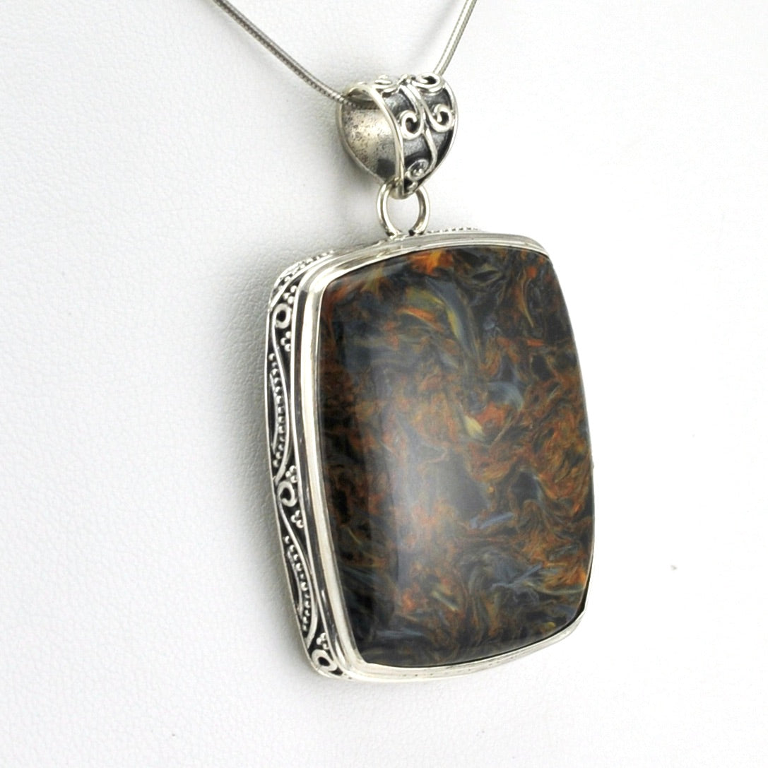 Side View Sterling Silver Pietersite 28x34mm Rectangle Bali Pendant