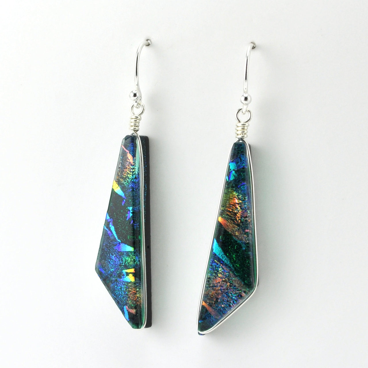 Side View Sterling Silver Dichroic Glass Rainbow Green Comet Dangle Earrings