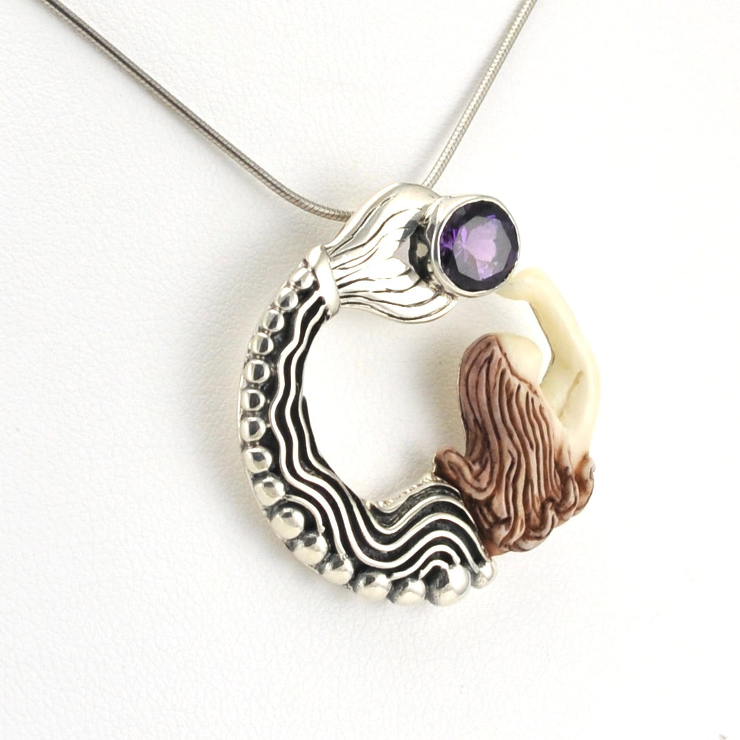 Side View Sterling Silver Fossilized Mammoth Ivory Amethyst Mermaid Pendant