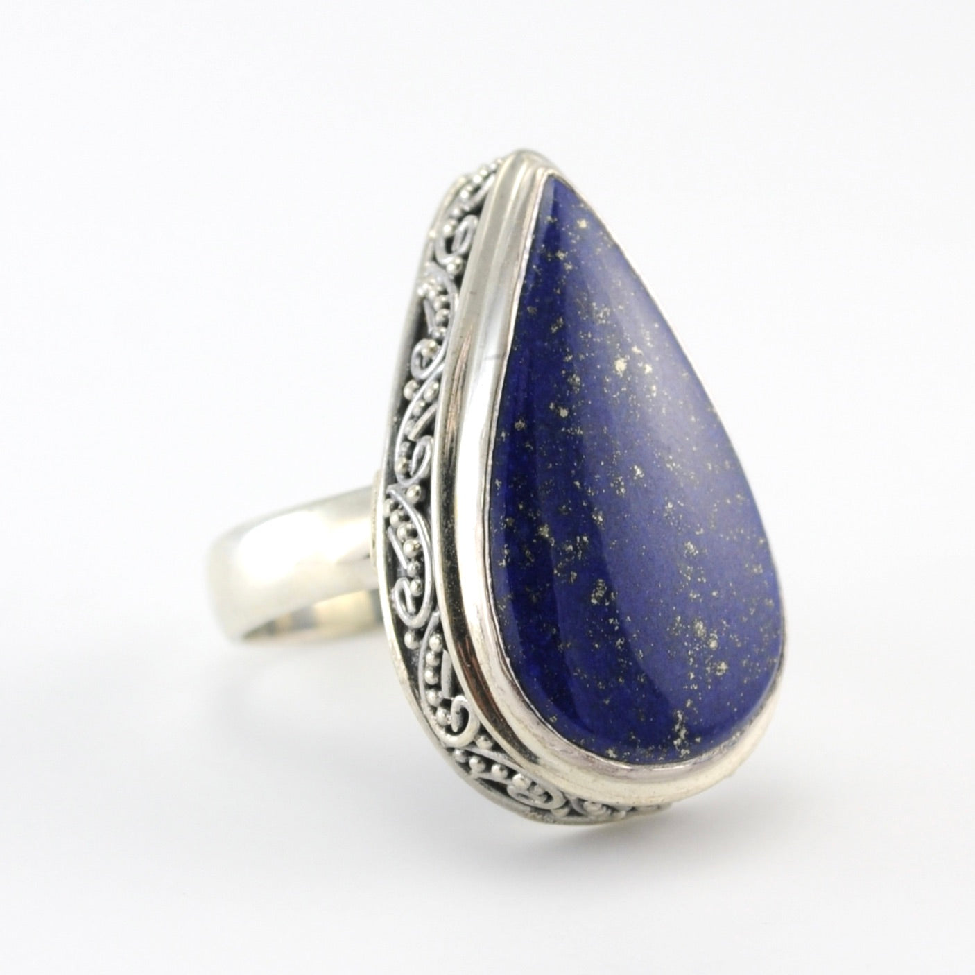 Side View Sterling Silver Lapis Tear Bali Ring