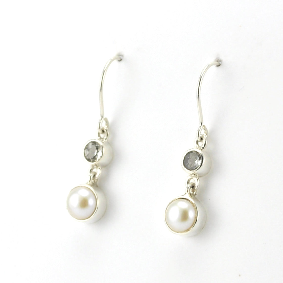 Side View Sterling Silver Pearl White Topaz Dangle Small Earrings