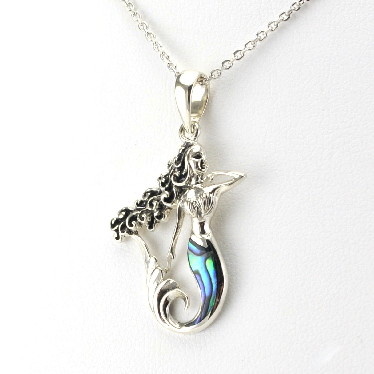 Side View Sterling Silver Mermaid with Abalone Tail Necklace