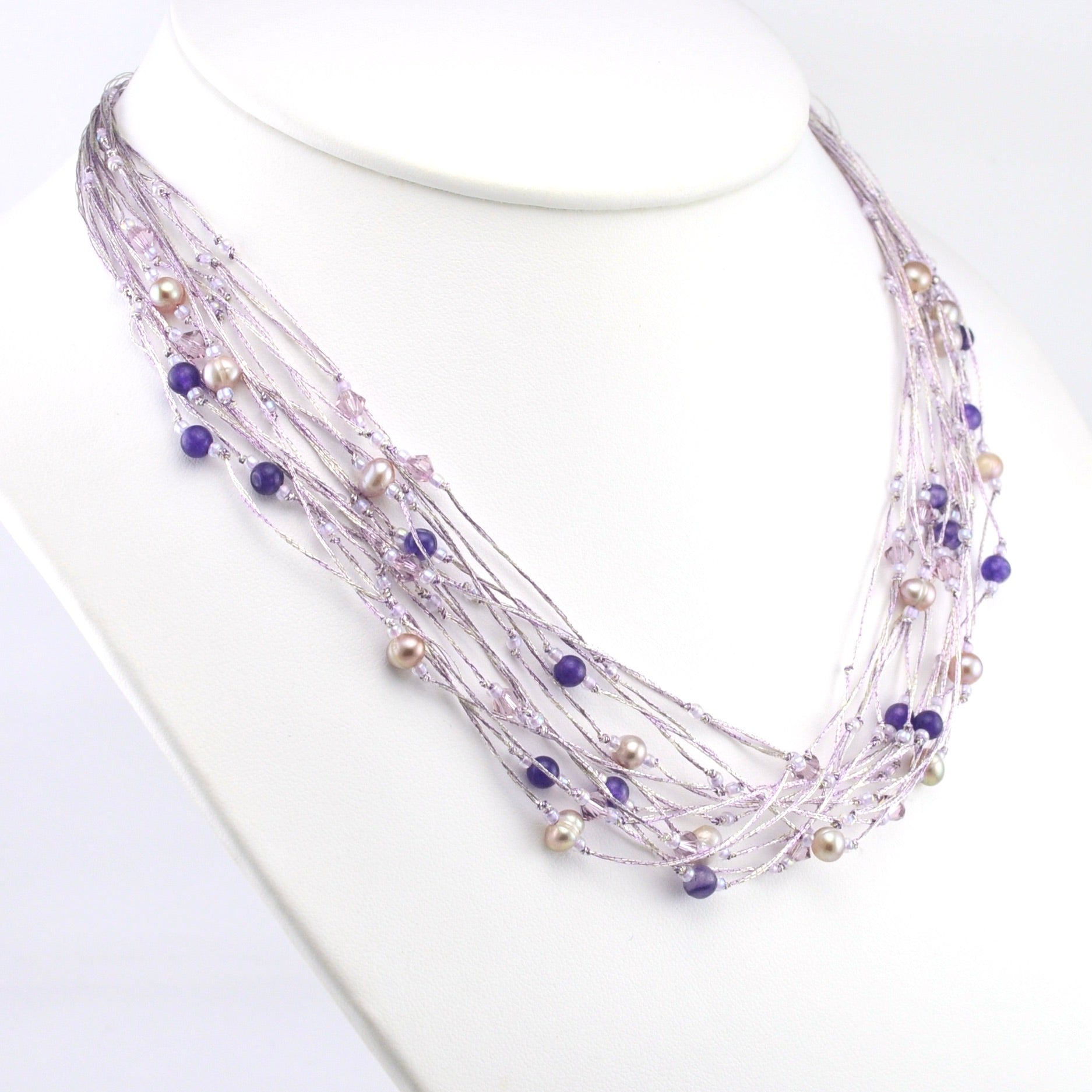 Side View Japanese Silk Amethyst Pearl and Crystal Necklace