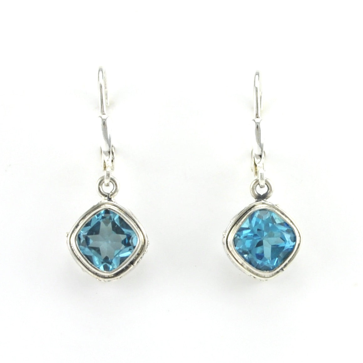 Alt View Sterling Silver Blue Topaz 7mm Offset Square Bali Earrings