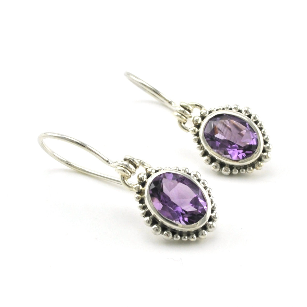 Sterling Silver Amethyst Oval Beaded Dangle Earrings