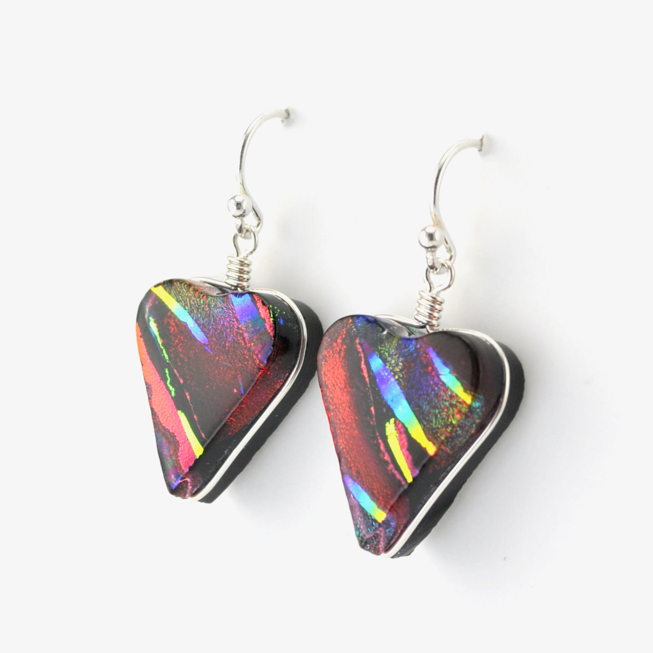 Silver Dichroic Glass Rainbow Red Heart Earrings