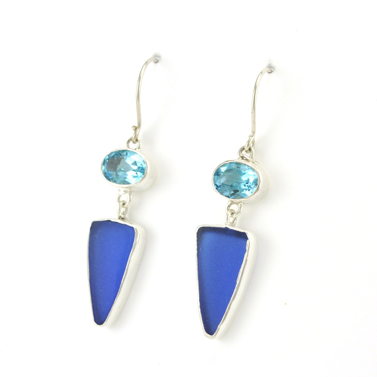 Side View Sterling Silver Blue Topaz Cobalt Sea Glass Dangle Earrings