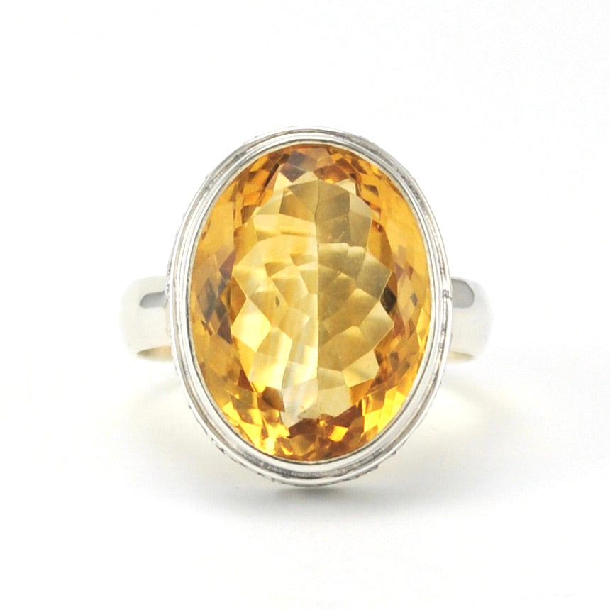 Alt View Sterling Silver Citrine 12x16mm Oval Bali Ring Size 7