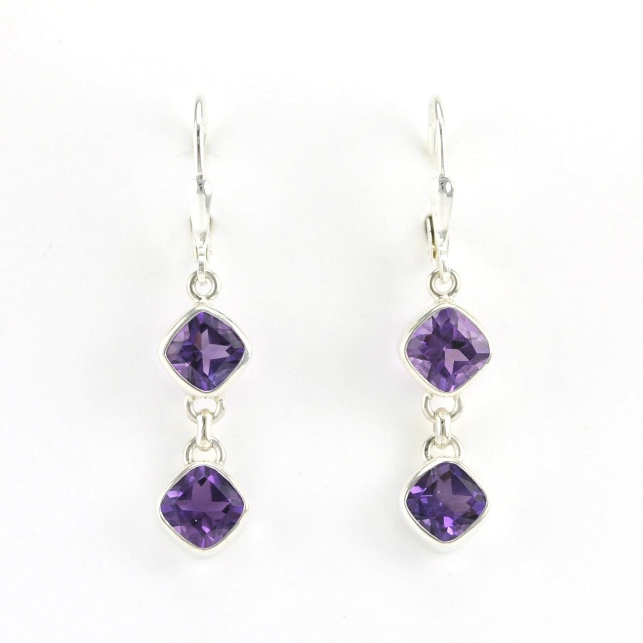 Alt View Sterling Silver Amethyst 2 Offset Square Dangle Earrings