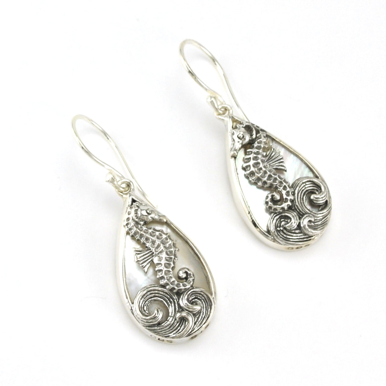 Alt View Sterling Silver Mother of Pearl Tear Seahorse Earrings