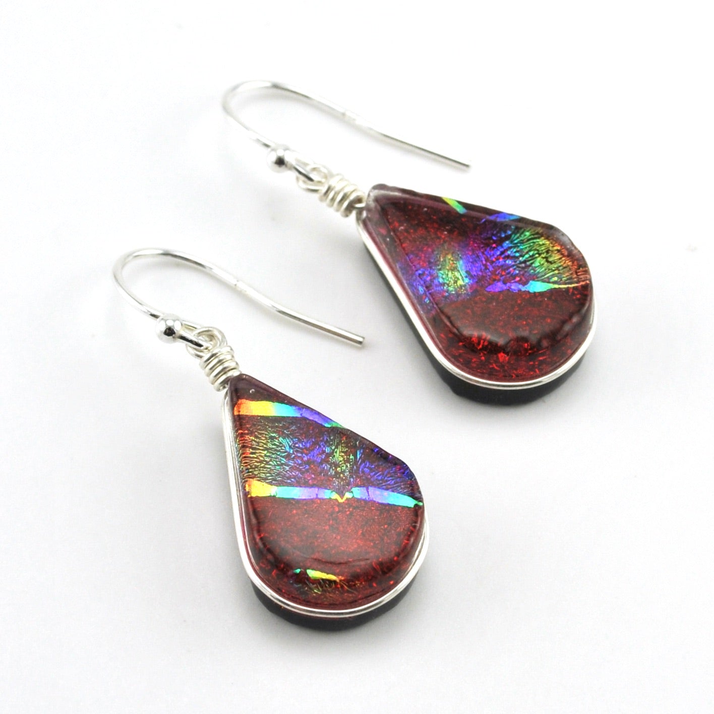 Sterling Silver Dichroic Glass Red Rainbow Lotus Dangle Earrings