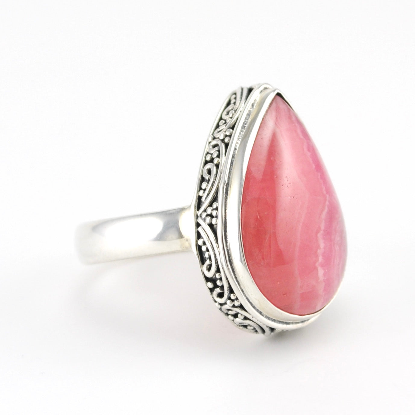 Side View Sterling Silver Rhodochrosite Tear Bali Ring