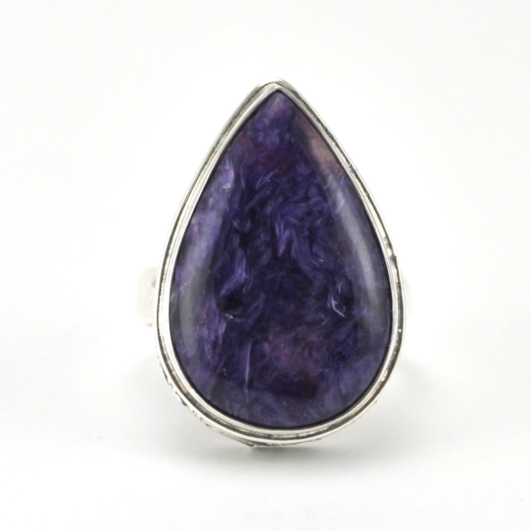 Alt View Sterling Silver Charoite 15x24mm Tear Bali Ring