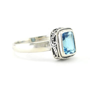 Side View Sterling Silver Blue Topaz 6x8mm Rectangle Bali Ring