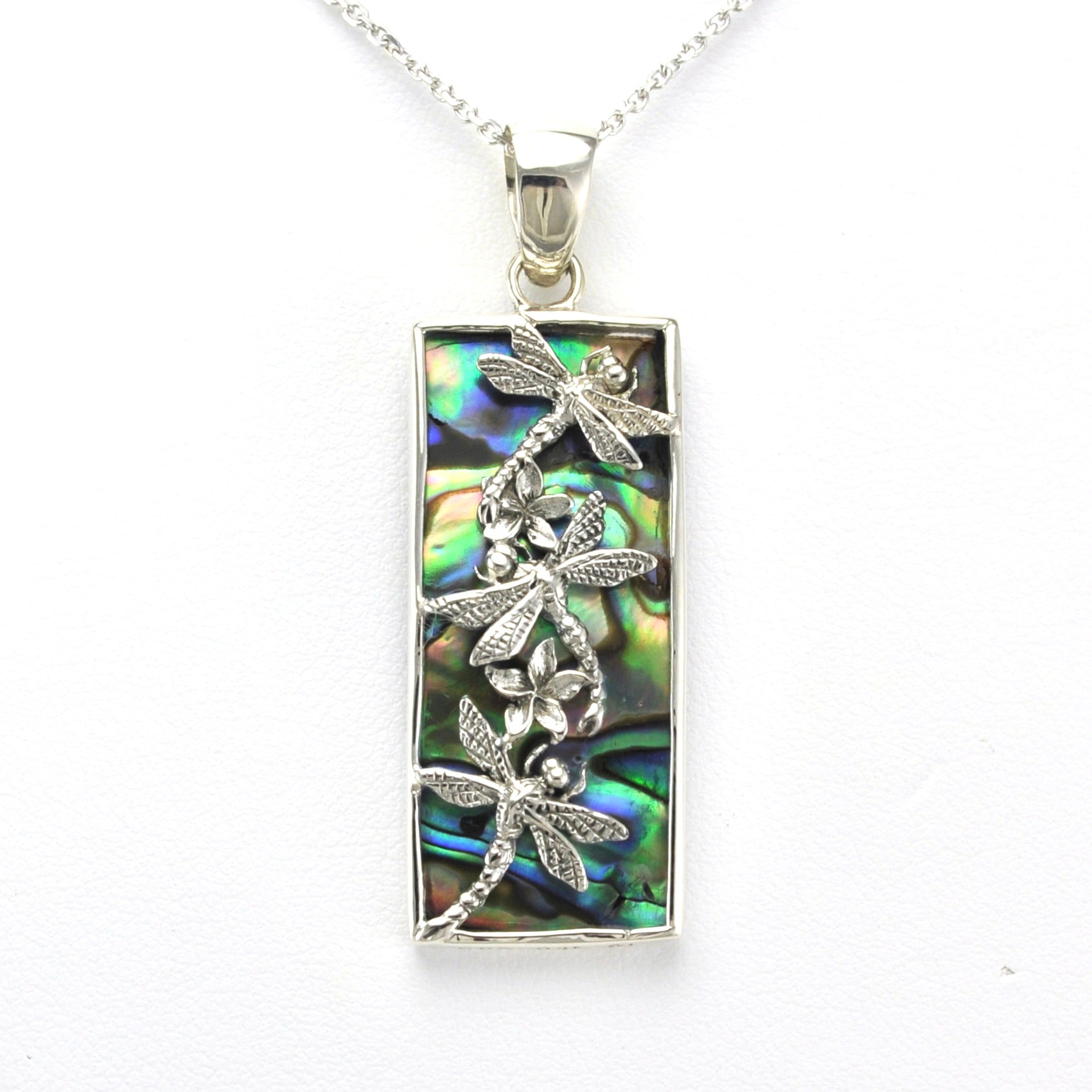 Alt View Sterling Silver Abalone 3 Dragonfly Rectangle Necklace