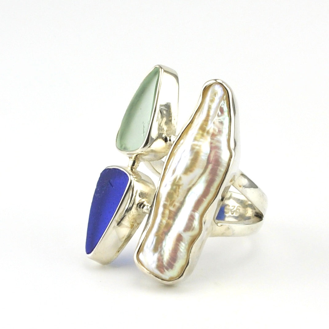 Sterling Silver Biwa Pearl Sea Glass Ring