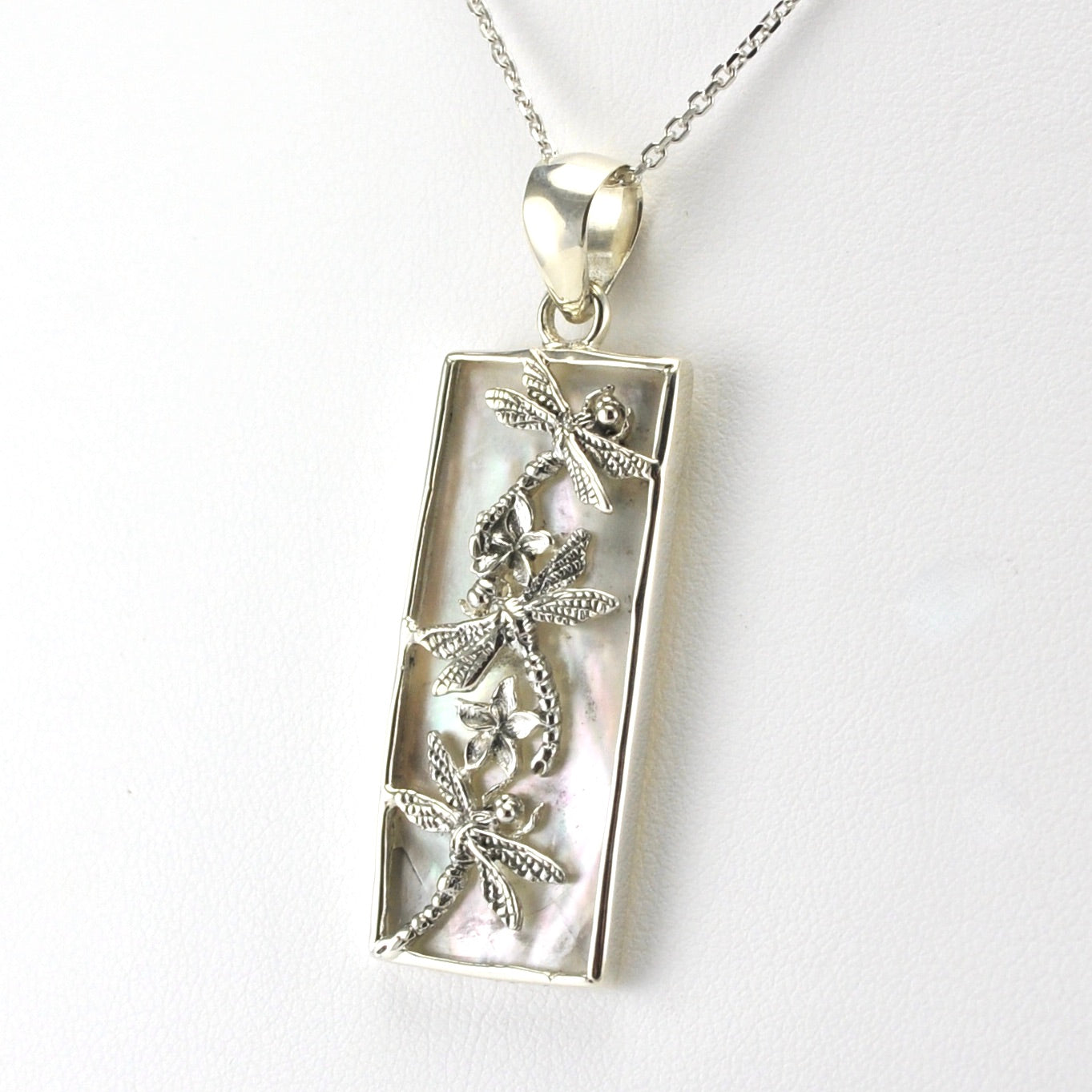 Side View Sterling Silver Mother of Pearl 3 Dragonfly Rectangle Necklace