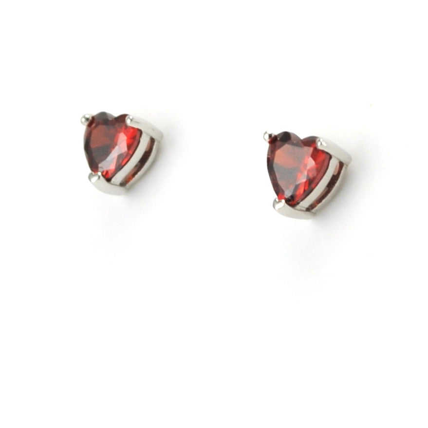 Side View Sterling Silver Garnet CZ Heart Post Earrings