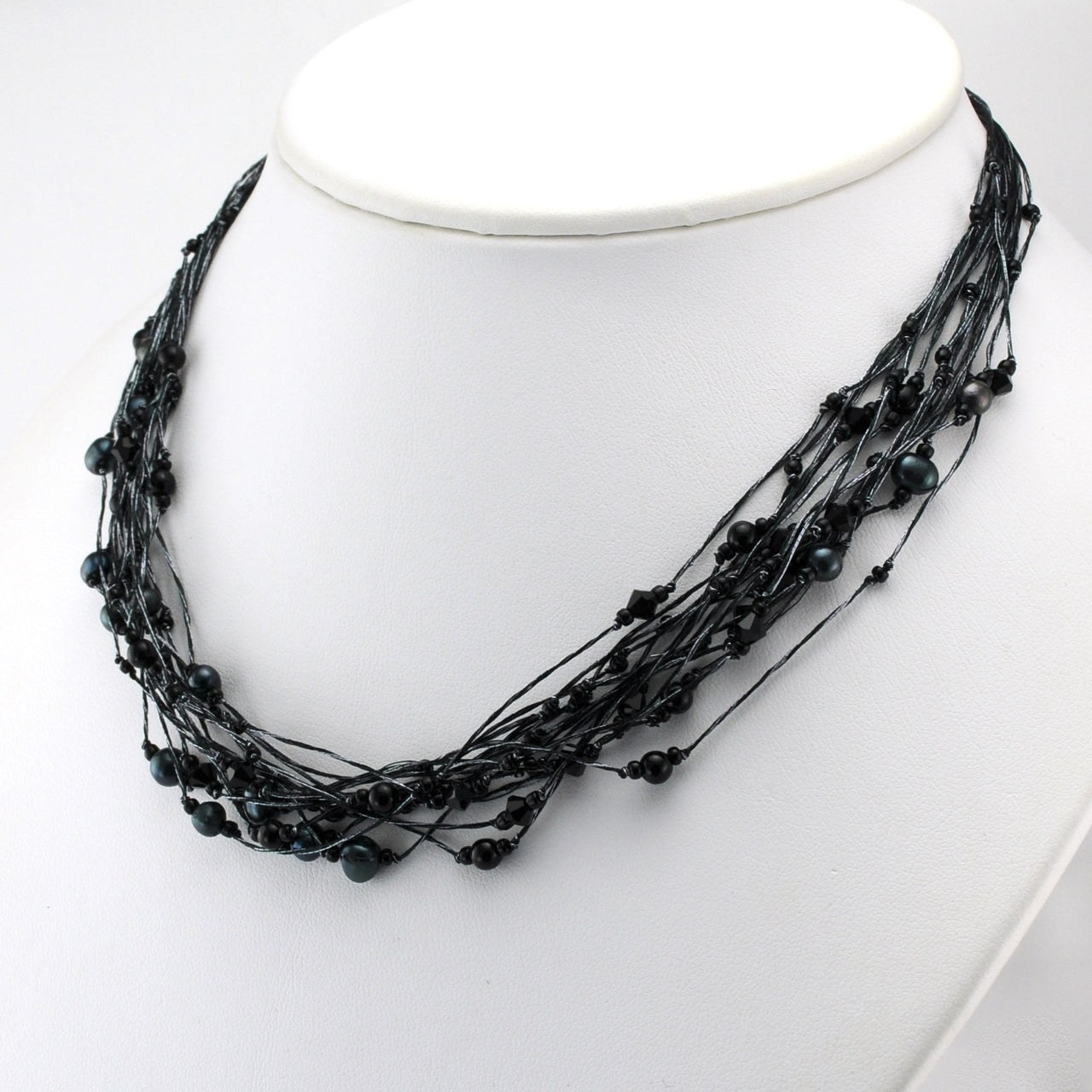 Japanese Silk Black Onyx Pearl and Crystal Necklace