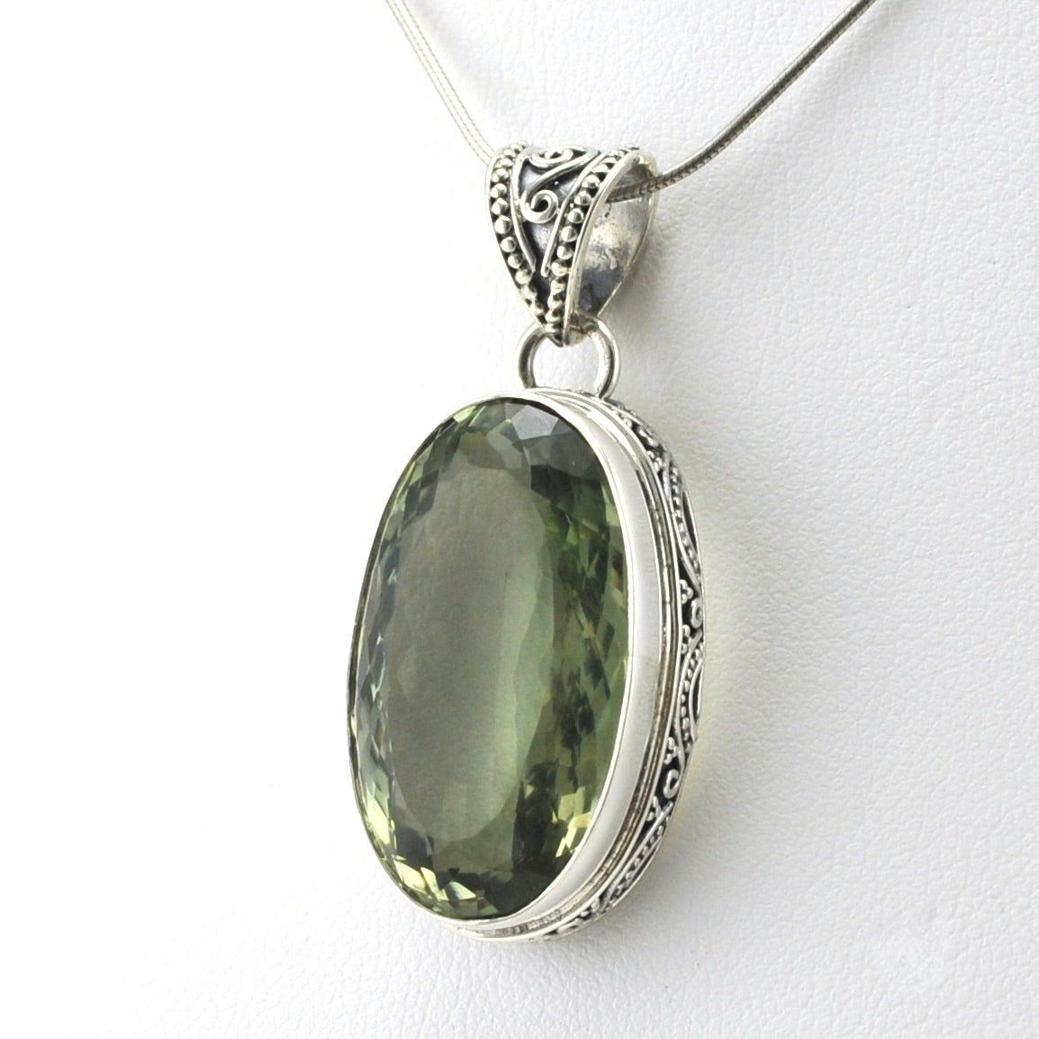 Sterling Silver Green Amethyst 14x26mm Oval Bali Pendant