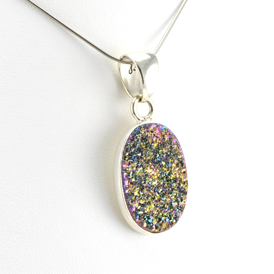 Side View Sterling Silver Rainbow Druzy Agate Oval Pendant