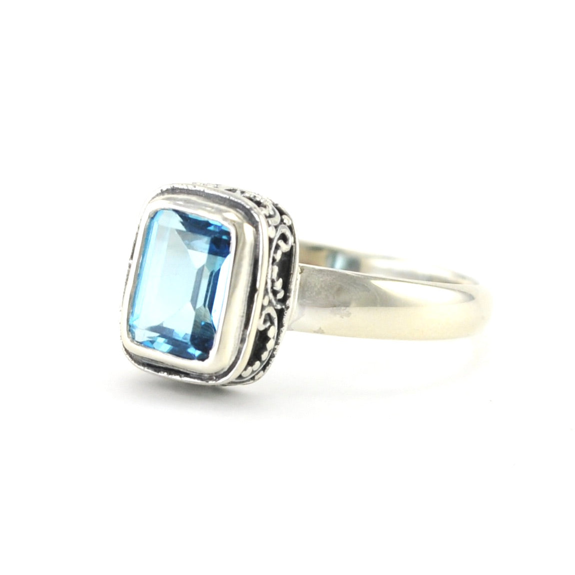 Sterling Silver Blue Topaz 6x8mm Rectangle Bali Ring