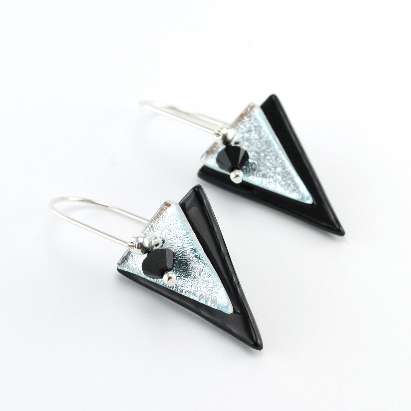 Handmade Fused Glass Black and Silver Triangle Dangle Earrings