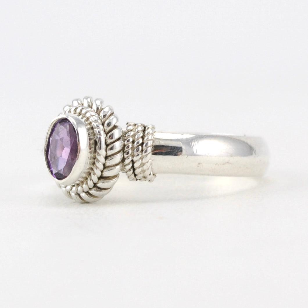 Side View Sterling Silver Amethyst 4x6mm Oval Rope Ring